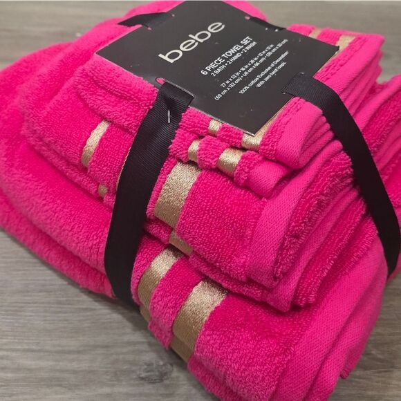 Bebe 6-Piece Gold Striped Embroidered Towel Set- Pink/Gold - Picture 4 of 7